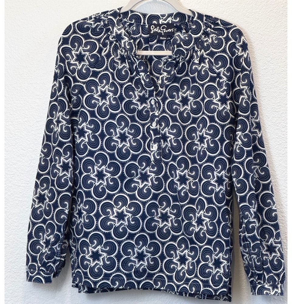 Lesley Evers Navy White Geometric Swirl Star Cotton Blouse Top Womens Medium - Picture 1 of 9